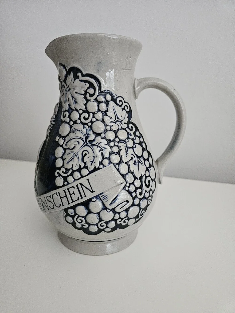 VTG German Stoneware Cobalt Blue & Gray Wine Pitcher | SZ 7
